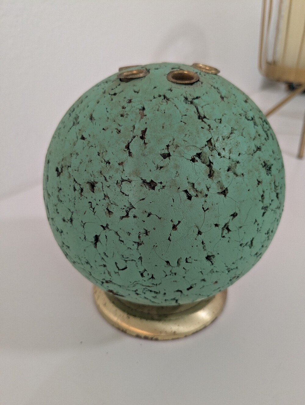 Vintage Pat Bulletin Ball flower frog, turquoise, 4.5 in